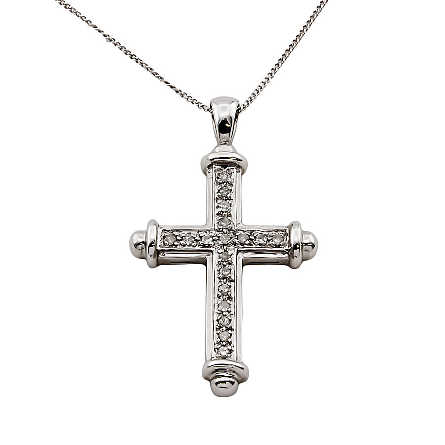 9ct White Gold Diamond 0.15cts Cross Pendant with Chain